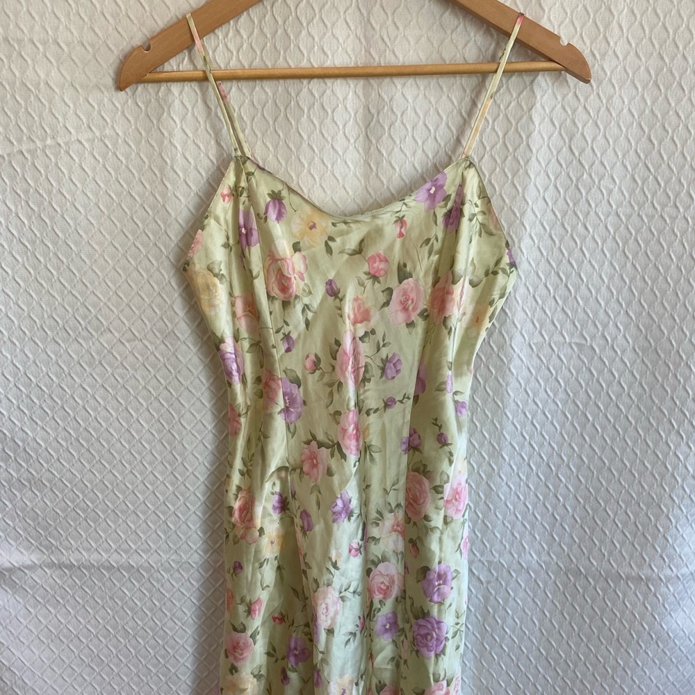 Victoria's Secret 100% Silk Green Floral Chemise with Pink/Purple Flowers. M.